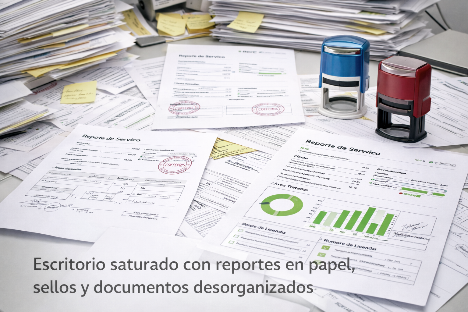 Escritorio saturado con reportes en papel y sellos